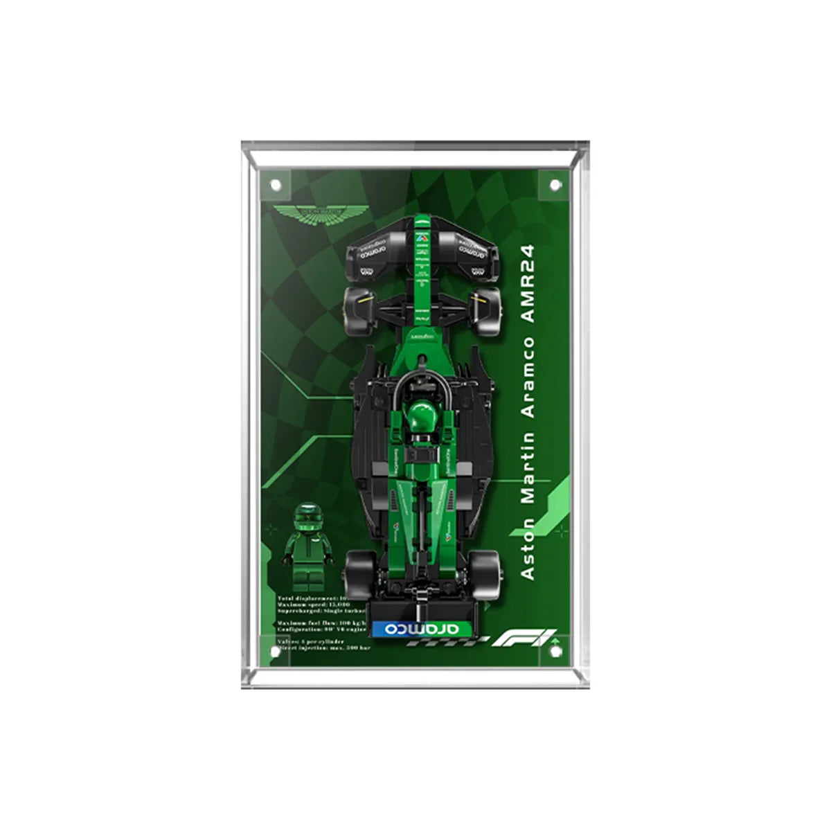 Display Case for LEGO® Aston Martin Aramco AMR24 with Racing Spirit Background 77245