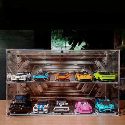 Display Case for LEGO® Speed Champions 2-Tier with Sci-Fi Garage Background